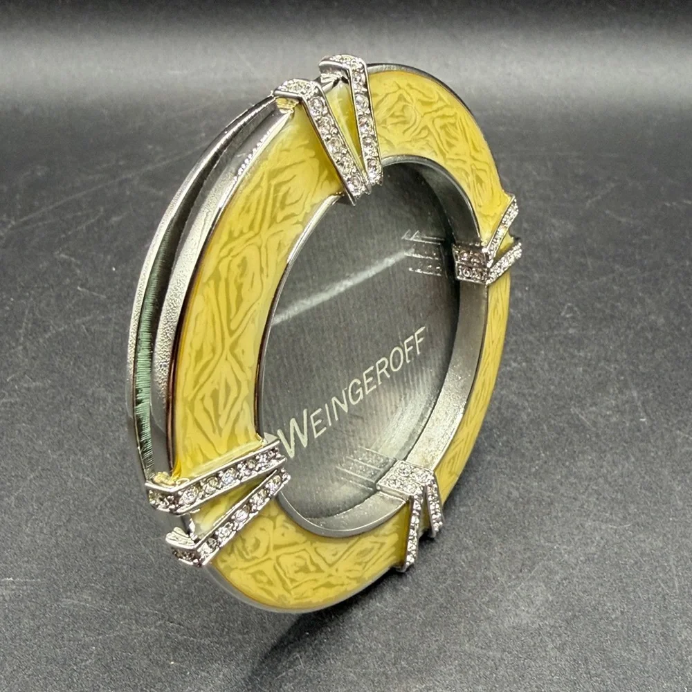 Weingeroff Vintage Handcrafted Round Yellow Enamel & Crystal Picture Frame Decor